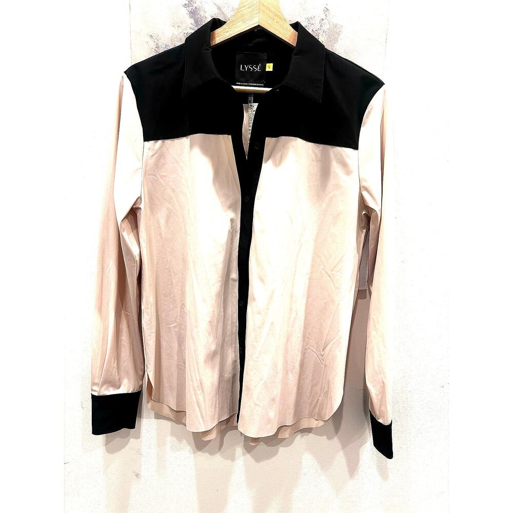 Lysse Colorblock Button Front Blouse Small Black Cream Stretch Shirt